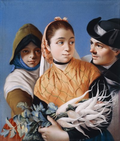 Ein Mädchen in einem orangefarbenen Schal, das Rüben hält, ein Mädchen in einer grünen Haube und Kleid und ein Herr in einem schwarzen Dreispitz von Lorenzo Baldissera Tiepolo