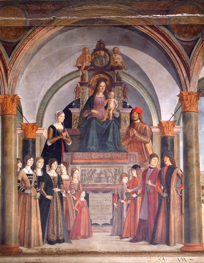 Madonna mit Kind und Engeln, von Lorenzo Costa, Bentivoglio-Kapelle in der Kirche San Giacomo Maggiore, Bologna, Italien von Lorenzo Costa