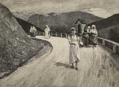 Auf dem Heiligen Weg, weibliche Pilgerin auf dem Weg, Brera, Vereinigte Ausstellungen, Mailand, Italien, Gravur von F. Cantagalli nach einem Gemälde von Lorenzo Delleani (1840-1908) aus L