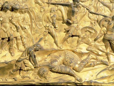 David und Goliath, Detail vom Originalpanel der Osttüren des Baptisteriums, 1425-52 (vergoldete Bronze) (nach der Restaurierung) von Lorenzo Ghiberti
