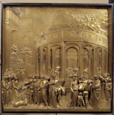 Geschichte des Lebens von Joseph. Die Weizenernte: Die Bauern bringen die Getreidesäcke. Originaltafel der Paradiespforte von Lorenzo Ghiberti