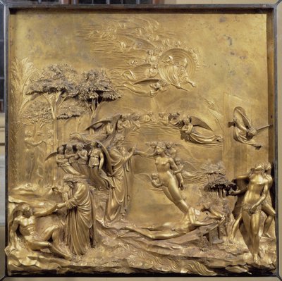 Geschichte von Adams Leben: die Geburt Adams, die Erschaffung Evas und die Vertreibung von Adam und Eva aus dem Paradies. Originaltafel der Tür des Paradieses von Lorenzo Ghiberti