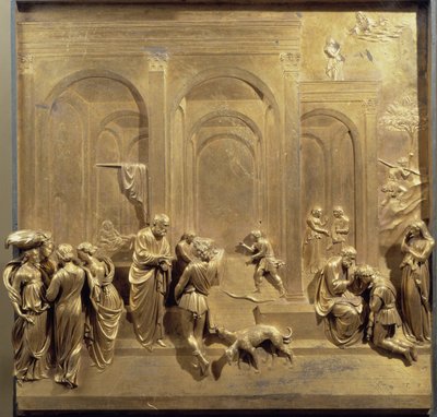 Leben von Jakob und Esau: Esau verkauft sein Erstgeburtsrecht und Isaak segnet Jakob. Originaltafel der Paradiespforte von Lorenzo Ghiberti
