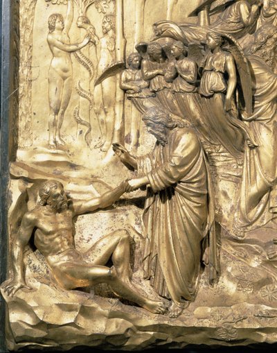 Die Geschichte von Adam, Detail der Erschaffung von Adam und der Versuchung von Adam und Eva, von einem der Originaltafeln der Osttüren des Baptisteriums, 1425-52 (nach Restaurierung) von Lorenzo Ghiberti