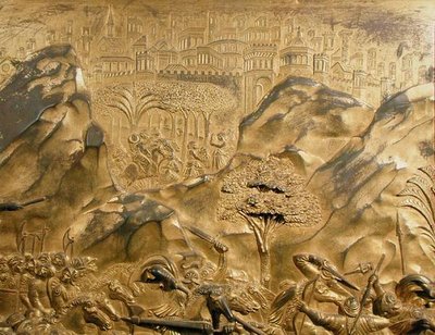 Die Geschichte von David und Goliath, Hintergrunddetail von der Originaltafel von den Osttüren des Baptisteriums von Lorenzo Ghiberti
