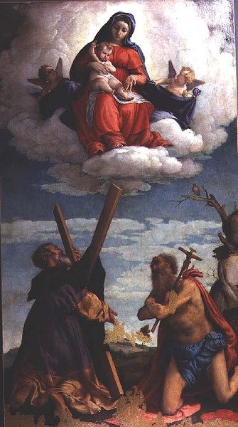 Madonna und Kind in Herrlichkeit mit St. Andreas und St. Hieronymus von Lorenzo Lotto