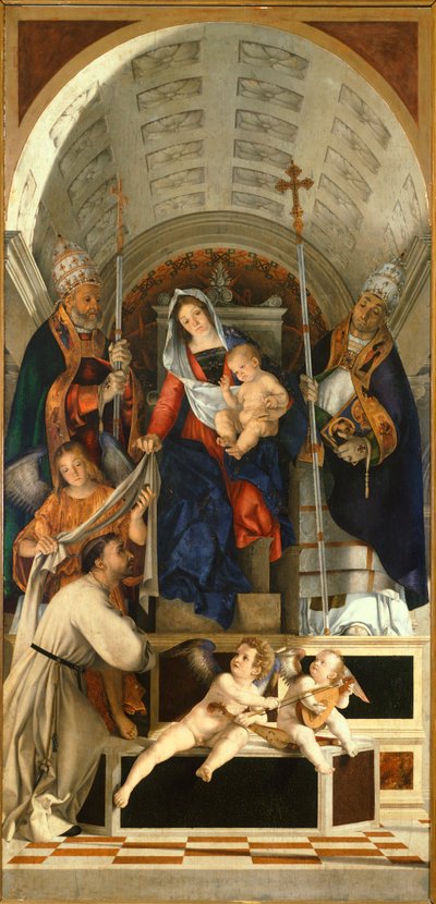 Madonna mit Kind und Heiligen Dominikus, Gregor und Urban, Haupttafel des San Domenico Altarbildes aus Recanati von Lorenzo Lotto