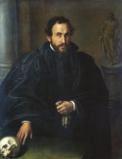Porträt eines Mannes mit einem Schädel, ca. 1545 von Lorenzo Lotto