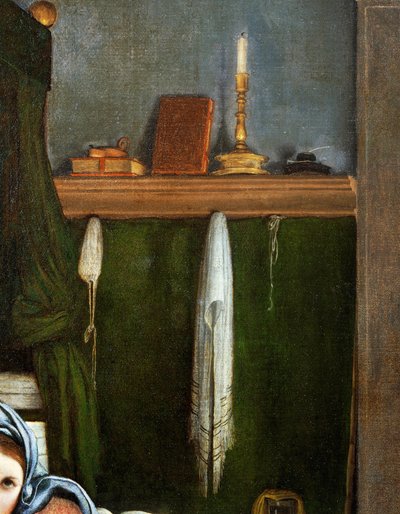 Regal mit Kandelabern und Büchern (Detail) von Lorenzo Lotto