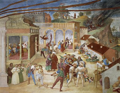 Die heilige Barbara wird durch die Straßen der Stadt geführt, Detail aus Christus-Weinrebe und Legende der heiligen Barbara von Lorenzo Lotto (Detail) von Lorenzo Lotto