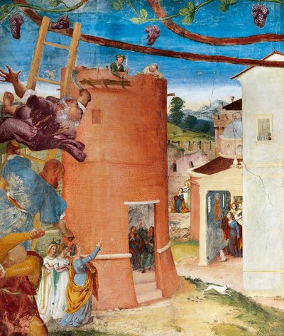 Heilige Barbara im Turm (Detail) von Lorenzo Lotto