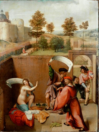 Susanna im Bade oder „Susanna und die Ältesten“. Die Figuren halten Phylakterien, auf denen ihre Texte geschrieben sind. Gemälde von Lorenzo Lotto von Lorenzo Lotto