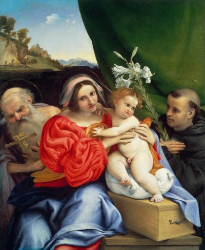 Jungfrau und Kind mit den Heiligen Hieronymus und Nikolaus von Tolentino von Lorenzo Lotto