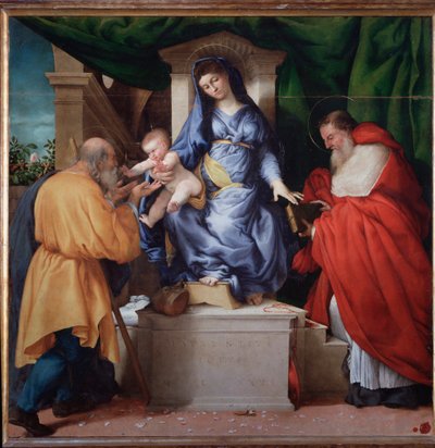 Jungfrau mit Kind mit St. Hieronymus und St. Joseph (genannt Madonna delle Rose) von Lorenzo Lotto