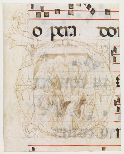 Christus wäscht den Aposteln die Füße in einem Initial D, Textfragmente und Notenlinien von Lorenzo Monaco