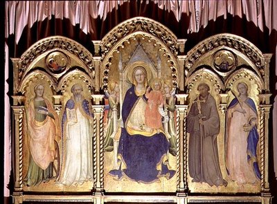 Madonna und Kind auf dem Thron mit den Heiligen Lucia, Johannes Gualbertus, Benedikt und Katharina, Polyptychon (1413) von Lorenzo Monaco