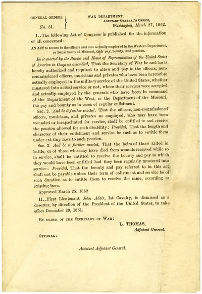 Veröffentlichung eines Gesetzes des Kongresses, das Gehalt, Prämie und Rente für Offiziere und Männer im Western Department oder Department of Missouri sichert von Lorenzo Thomas