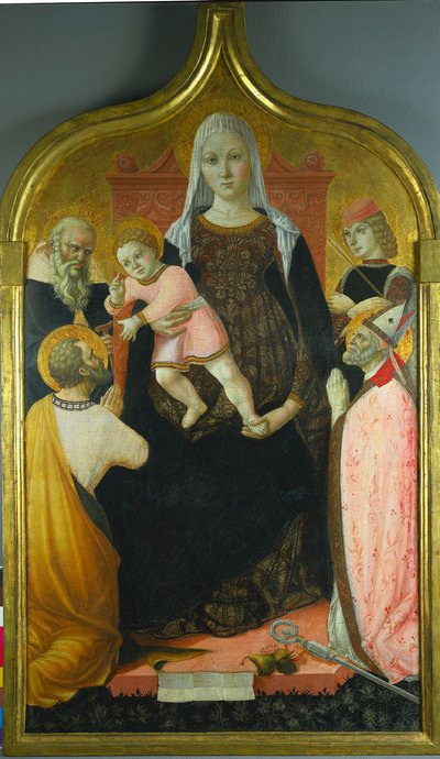 Jungfrau und Kind mit den Heiligen Antonius Abt, Markus, Severin und Sebastian, ca. 1490-96 von Lorenzo dAlessandro da Severino II