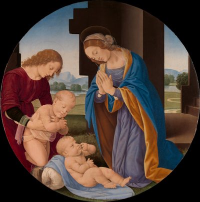 Madonna, das Kind anbetend, mit dem kleinen Johannes dem Täufer und einem Engel, ca. 1492 von Lorenzo di Credi
