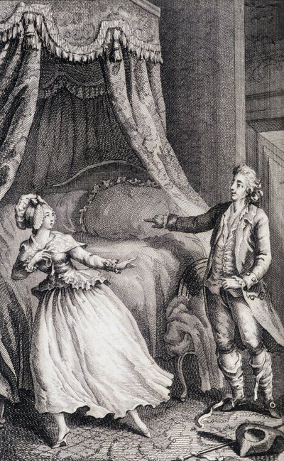 Paar vor dem Bett des Schlafzimmers - in „Les francaises ou 34 examples chosen in the current mores fit to lead daughters, women, wives, mothers“ von Restif de La Bretonne (1734-1806), ill. von Binet, Neufchatel von Louis (after) Binet