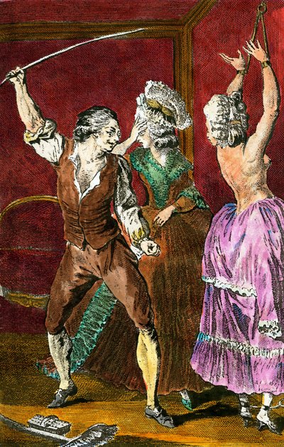 Erotik: Mitglieder des Adels frönen sadomasochistischen Vergnügungen, ein Mann peitscht eine gefesselte Frau. Gravur von Leroy nach einer Zeichnung von Louis Binet für Der pervertierte Bauer von Restif de la Bretonne 1775 von Louis (after) Binet