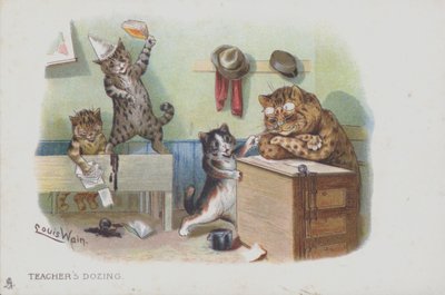 Katzen in einem Klassenzimmer: Der Lehrer döst und die Schüler benehmen sich daneben von Louis (after) Wain