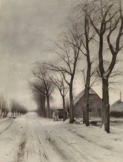 Winterlandschaft mit Bauernhof an einer Allee von Louis Apol