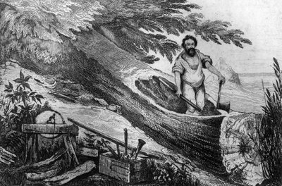 Ich grub es ohne die Hilfe von Feuer. Gravur nach der Zeichnung von M. de Sainson für das Buch von Daniel Defoe „Robinson Crusoe“ französische Ausgabe von 1837. von Louis Auguste de Sainson
