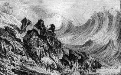Ich beschloss, mich an einem Felsen festzuhalten... Gravur nach einer Zeichnung von M. de Sainson für das Buch von Daniel Defoe „Robinson Crusoe“, französische Ausgabe von 1837. von Louis Auguste de Sainson
