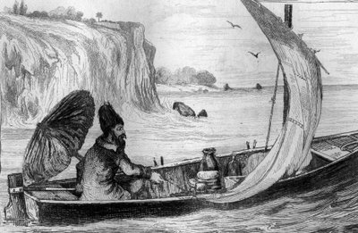 Ich wurde von der Strömung getrieben, Gravur nach einer Zeichnung von M. de Sainson für das Buch von Daniel Defoe „Robinson Crusoe“, französische Ausgabe von 1837 von Louis Auguste de Sainson