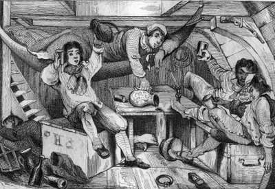 Ich war betrunken und in einer Nacht der Ausschweifung ertränkte ich all meine Reue... Gravur nach einer Zeichnung von M. de Sainson für das Buch von Daniel Defoe „Robinson Crusoe“, französische Ausgabe von 1837 von Louis Auguste de Sainson