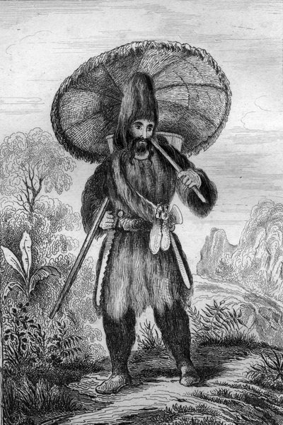 Ich trug einen Hut von einer Höhe... Gravur nach der Zeichnung von M. de Sainson für das Buch von Daniel Defoe „Robinson Crusoe“ französische Ausgabe von 1837. von Louis Auguste de Sainson
