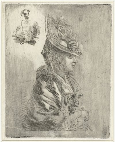 Studienblatt mit dem Porträt einer jungen Frau mit Hut und zwei kleineren Porträts von Louis Bernard Coclers