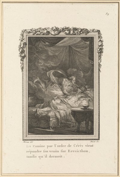Die Hungersnot durch den Befehl von Ceres verbreitet ihr Gift über Eresicthon, während er schlief von Louis Binet after Jean Michel Moreau