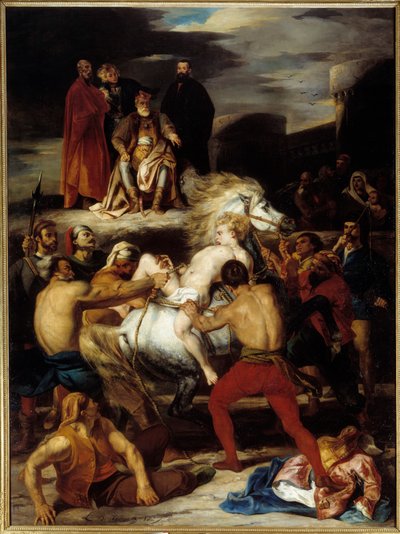 Mazeppas Qual. Mazeppa ist auf Befehl des Grafen Palatin an ein wildes Pferd gebunden. Illustration zu Lord Byrons Gedicht „Mazeppa“ von Louis Boulanger