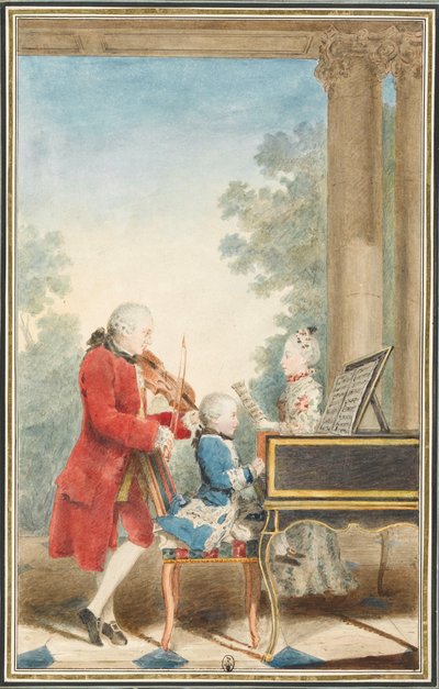 Porträt von Wolfgang Amadeus Mozart (Salzburg, 1756-Wien, 1791) spielt in Paris mit seinem Vater Jean-Georg-Léopold und seiner Schwester Maria-Anna von Louis Carrogis Carmontelle