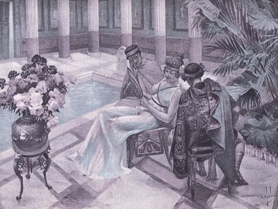 Titus und Gisippus, Illustration aus Decameron von Boccaccio, veröffentlicht von Navarre Society 1930er Jahre (Lithographie) von Louis Chalon