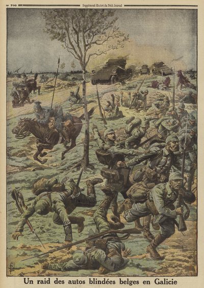 Belgische Panzerwagen im Dienst der russischen Armee von General Brusilov greifen deutsche Truppen in Galizien an, Erster Weltkrieg von Louis Charles (after) Bombled
