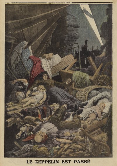 Familie bei einem Bombenangriff eines deutschen Zeppelins getötet, Erster Weltkrieg, 1916 von Louis Charles (after) Bombled