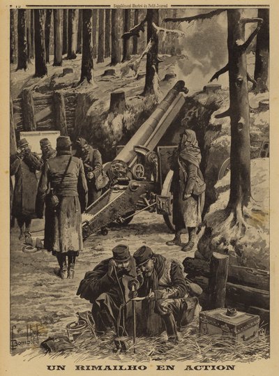 Französische Armee Rimailho Schnellfeuer-Mittelhaubitze im Einsatz, Erster Weltkrieg von Louis Charles (after) Bombled