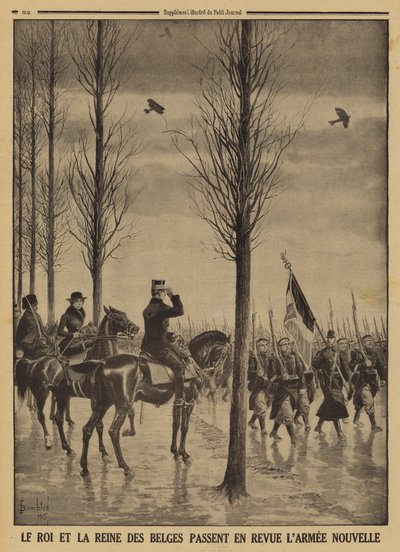 König Albert I. und Königin Elisabeth von Belgien inspizieren ihre neue Armee, Erster Weltkrieg von Louis Charles (after) Bombled
