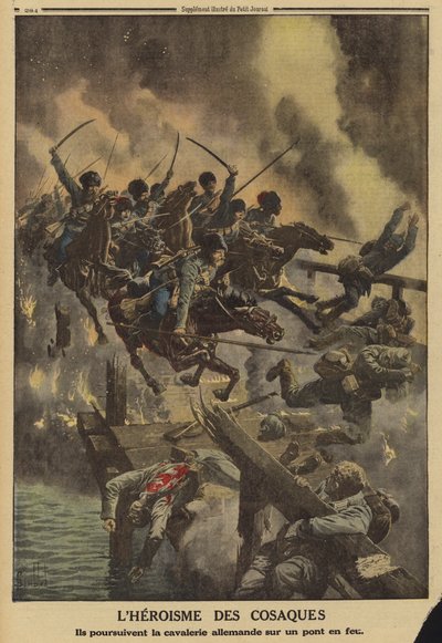 Russische Kosaken verfolgen deutsche Kavallerie über eine brennende Brücke über den Fluss Strypa, Erster Weltkrieg von Louis Charles (after) Bombled