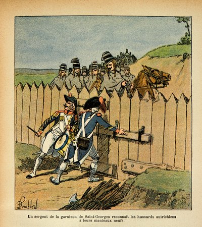 Während des Italienfeldzugs erkennt ein Sergeant der Garnison von St. George die österreichischen Husaren mit ihren neuen Mänteln, aus dem Buch „The Memorial of Saint Helene“ von Graf Emmanuel de Las Cases von Louis Charles Bombled