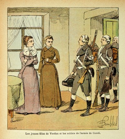 Illustration von Louis Bombled aus dem Buch „Das Memorial von Saint Helene“ von Graf Emmanuel de Las Cases: Die jungen Töchter von Verdun und die Soldaten der Armee von Conde von Louis Charles Bombled