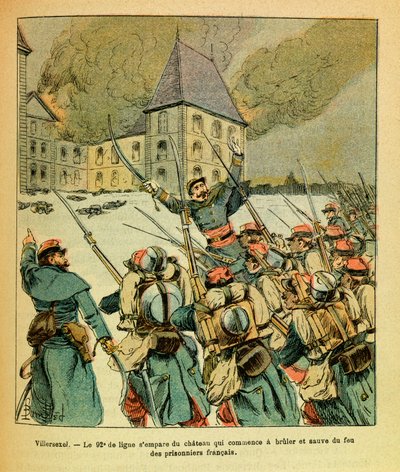 Die östliche Armee von Eugene Sergeant, genannt Grenest, illustriert von Louis Bombled (1862-1927) (Französisch-Deutscher Krieg; Feldzug von 1870-1871): Januar 1871, in Villersexel, das 92. Linienregiment erobert das Schloss, das zu brennen begann und rett von Louis Charles Bombled