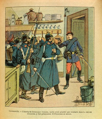 Die östliche Armee von Eugene Sergeant, genannt Grenest, illustriert von Louis Bombled (1862-1927) (Deutsch-Französischer Krieg; Feldzug von 1870-1871): In Contrexeville nahm der unerschrockene Leutnant Coumes nach dem Klettern ins Gemeindehaus 16 Preußen  von Louis Charles Bombled