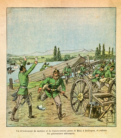 Die Armee des Ostens von Eugene Sergeant, illustriert von Louis Bombled: Ein französisches Detachement und Scharfschützen überquerten den Rhein und erschütterten die deutschen Brückenarbeiter, Private Sammlung von Louis Charles Bombled
