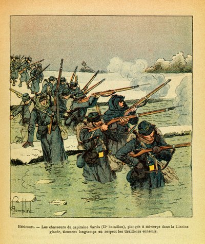 Die östliche Armee: Januar 1871, Hericourt, die Jäger von Hauptmann Sarda tauchen halb in das Eis der Lisaine ein, um den Feind lange aufzuhalten von Louis Charles Bombled