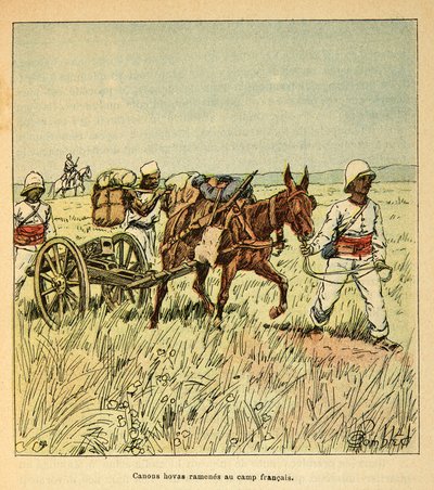 Der Krieg in Madagaskar - Anekdotische Geschichte der französischen Expeditionen von 1885-1895 von Henri Galli dit Galllichet, illustriert von Louis Bombled: Hovas-Kanonen ins französische Lager gebracht von Louis Charles Bombled