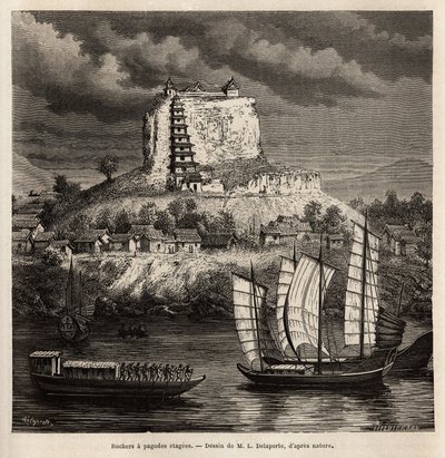 Ein Felsen mit Pagodenstufen und verschiedene Boote auf dem blauen Fluss (China), Gravur nach der Zeichnung von L. Delaporte, zur Illustration der Entdeckungsreise in Indochina von Francis Garnier, Schiffslieutenant, 1866-1868, veröffentlicht in "Le tour d von Louis Delaporte